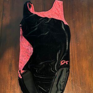 GK Elite - YM, neon pink and black velvet leotard